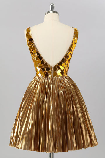 Golden Mirror Metallic A Line Short Prom Dress